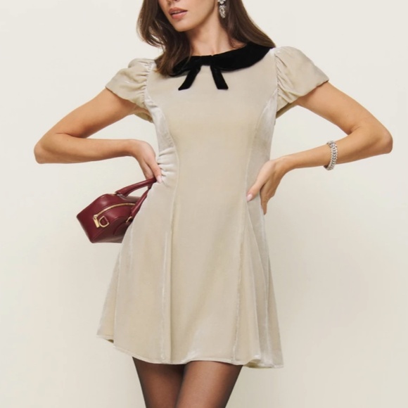 Reformation Dresses & Skirts - Reformation Lynette Velvet Mini Dress - Almond Tan Black Cocktail Holiday